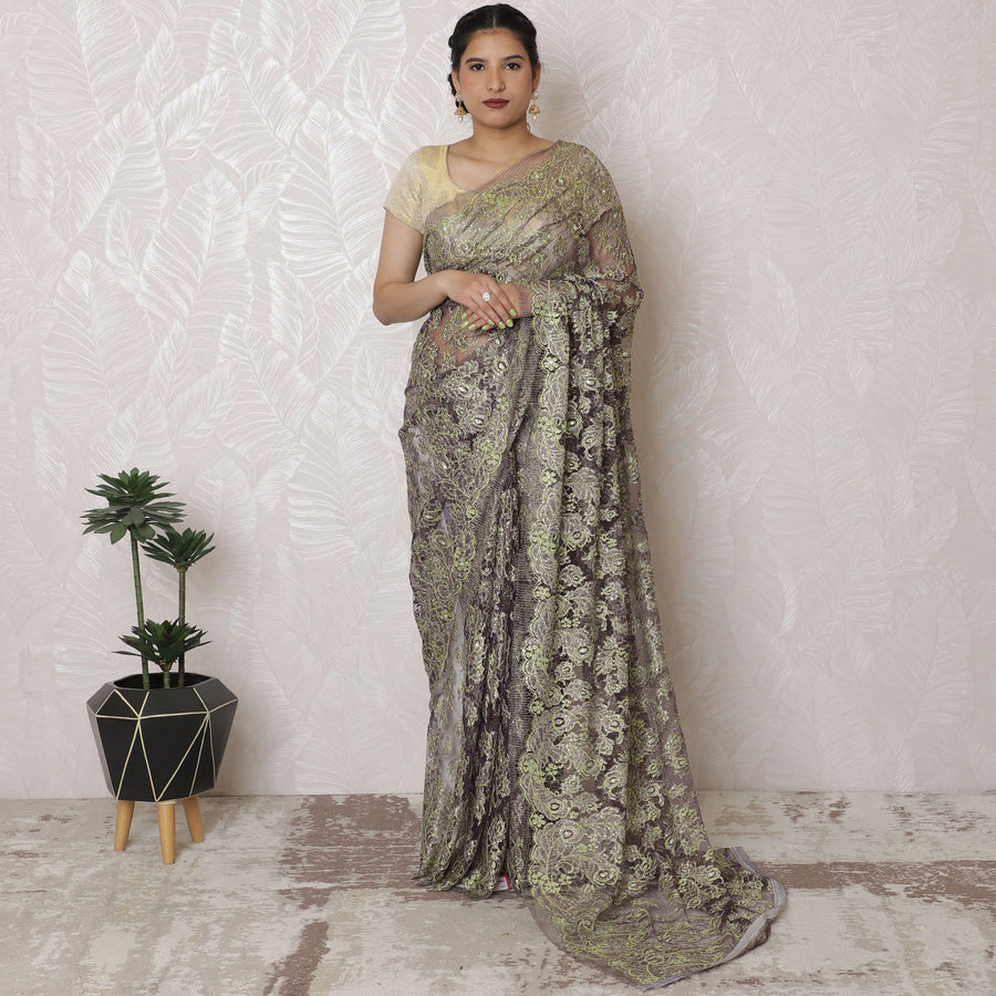 ساري أنيق من الدانتيل المعدني باللون الأخضر الزيتوني، مستوحى من الفرنسية، 110 سم، زخارف حجرية متلألئة، 5.5 م - بلوزة حصرية غير متضمنة -D17867