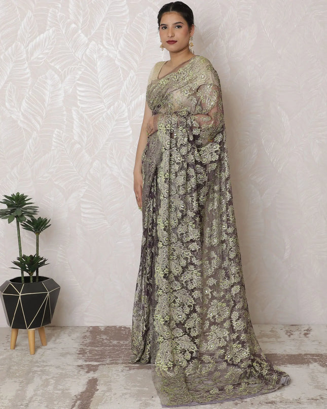 Elegant Olive-Green Metallic Lace Saree, French-Inspired, 110cm, Sparkling Stone Embellishments, 5.5m – Exclusive Blouse Not Included-D17867 Regal Fabrics