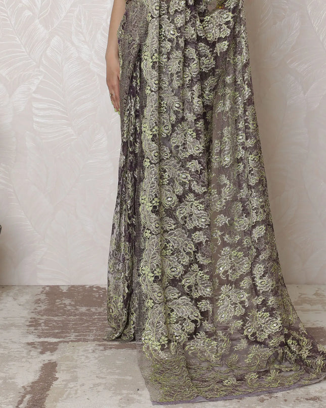 Elegant Olive-Green Metallic Lace Saree, French-Inspired, 110cm, Sparkling Stone Embellishments, 5.5m – Exclusive Blouse Not Included-D17867 Regal Fabrics