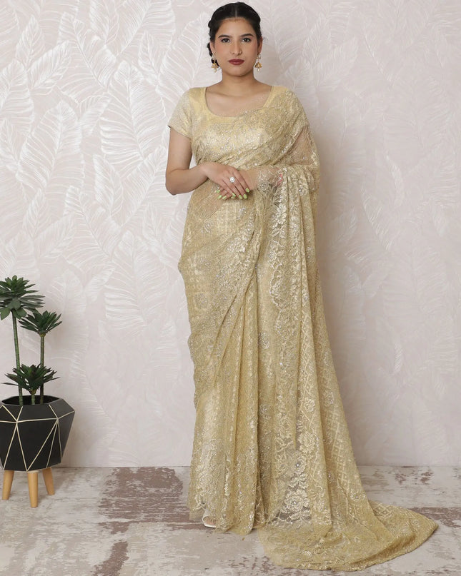 Golden Glamour Metallic Lace Saree, French Design, 110cm Width, Crystal Stone Work, 5.5m Length â€“ Blouse Not Included-D17868 Regal Fabrics
