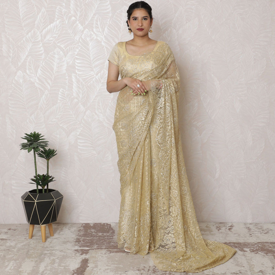 Golden Glamour Metallic Lace Saree, French Design, 110cm Width, Crystal Stone Work, 5.5m Length â€“ Blouse Not Included-D17868