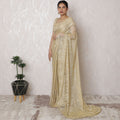 Golden Glamour Metallic Lace Saree, French Design, 110cm Width, Crystal Stone Work, 5.5m Length â€“ Blouse Not Included-D17868