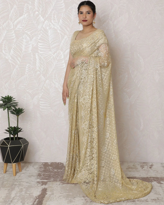 Golden Glamour Metallic Lace Saree, French Design, 110cm Width, Crystal Stone Work, 5.5m Length â€“ Blouse Not Included-D17868 Regal Fabrics