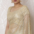 Golden Glamour Metallic Lace Saree, French Design, 110cm Width, Crystal Stone Work, 5.5m Length â€“ Blouse Not Included-D17868