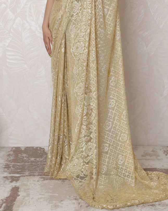 Golden Glamour Metallic Lace Saree, French Design, 110cm Width, Crystal Stone Work, 5.5m Length â€“ Blouse Not Included-D17868 Regal Fabrics