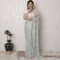 Ethereal Silver Metallic Lace Saree, French-Inspired, 110cm, Sparkling Stone Work, 5.5m – Blouse Not Included-D17869