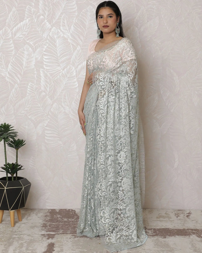 Ethereal Silver Metallic Lace Saree, French-Inspired, 110cm, Sparkling Stone Work, 5.5m – Blouse Not Included-D17869 Regal Fabrics