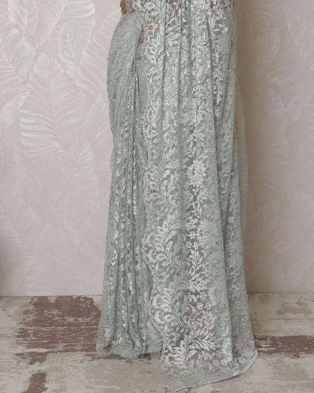 Ethereal Silver Metallic Lace Saree, French-Inspired, 110cm, Sparkling Stone Work, 5.5m – Blouse Not Included-D17869 Regal Fabrics