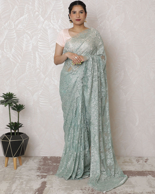 Sophisticated Seafoam Metallic Lace Saree, French Artistry, 110cm, Glistening Stone Work, 5.5m – Blouse Piece Not Included-D17870
