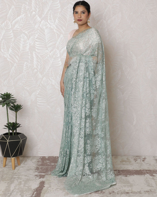 Sophisticated Seafoam Metallic Lace Saree, French Artistry, 110cm, Glistening Stone Work, 5.5m – Blouse Piece Not Included-D17870