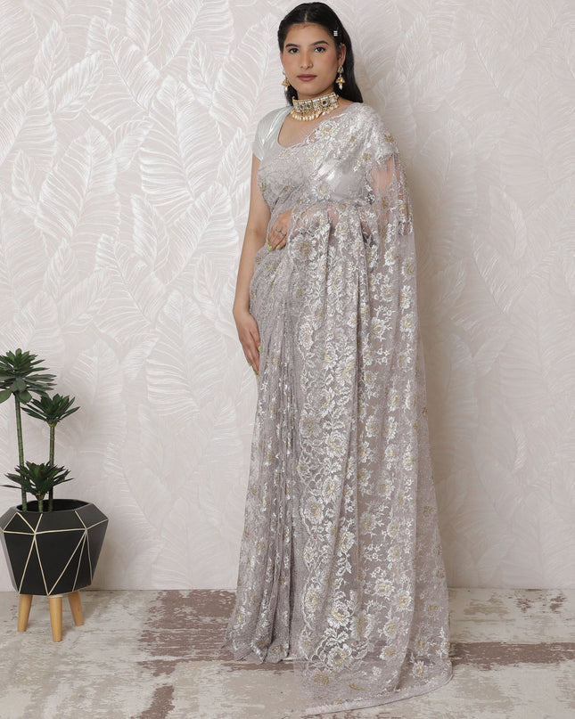 Silver Shimmer French Metallic Lace Saree, 110cm, Exquisite Stone Work, 5.5m - Blouse Not Included-D17871