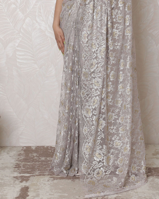 Silver Shimmer French Metallic Lace Saree, 110cm, Exquisite Stone Work, 5.5m - Blouse Not Included-D17871
