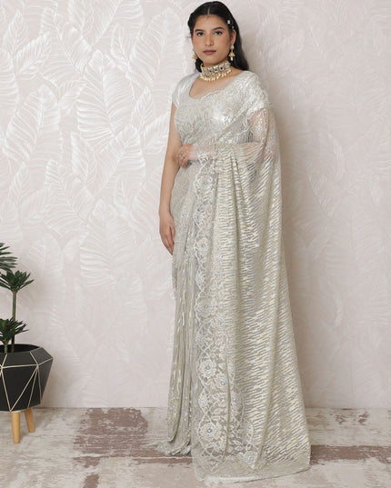Classic Ivory Metallic Lace Saree with French Design, 110cm, Stone Work, 5.5m – Exclusive Blouse Not Included-D17872