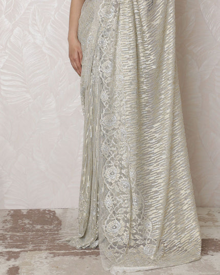 Classic Ivory Metallic Lace Saree with French Design, 110cm, Stone Work, 5.5m – Exclusive Blouse Not Included-D17872