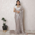 Opulent Rose Gold Metallic Lace Saree, French Craftsmanship, 110cm, Stone Work Detail, 5.5m - Blouse Not Included-D17873
