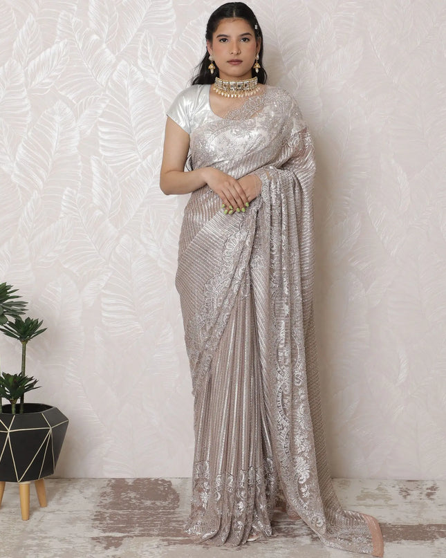 Opulent Rose Gold Metallic Lace Saree, French Craftsmanship, 110cm, Stone Work Detail, 5.5m - Blouse Not Included-D17873 Regal Fabrics