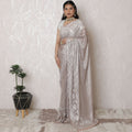 Opulent Rose Gold Metallic Lace Saree, French Craftsmanship, 110cm, Stone Work Detail, 5.5m - Blouse Not Included-D17873