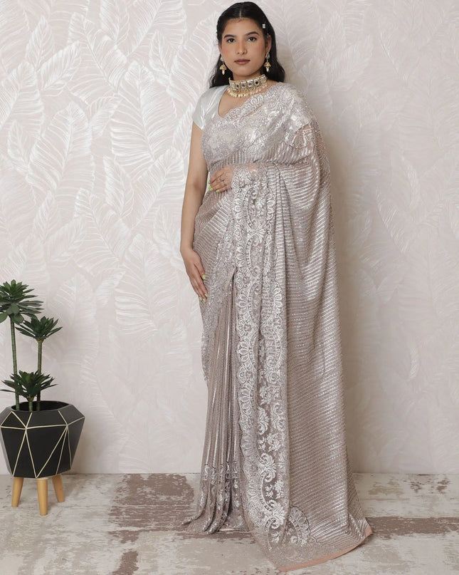 Opulent Rose Gold Metallic Lace Saree, French Craftsmanship, 110cm, Stone Work Detail, 5.5m - Blouse Not Included-D17873 Regal Fabrics