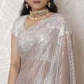 Opulent Rose Gold Metallic Lace Saree, French Craftsmanship, 110cm, Stone Work Detail, 5.5m - Blouse Not Included-D17873