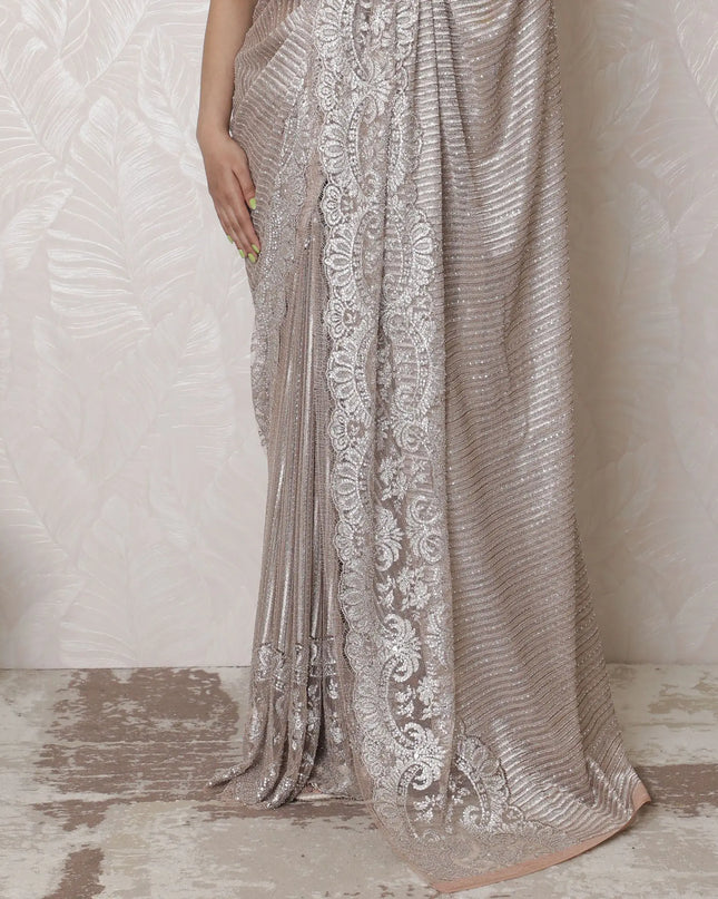 Opulent Rose Gold Metallic Lace Saree, French Craftsmanship, 110cm, Stone Work Detail, 5.5m - Blouse Not Included-D17873 Regal Fabrics