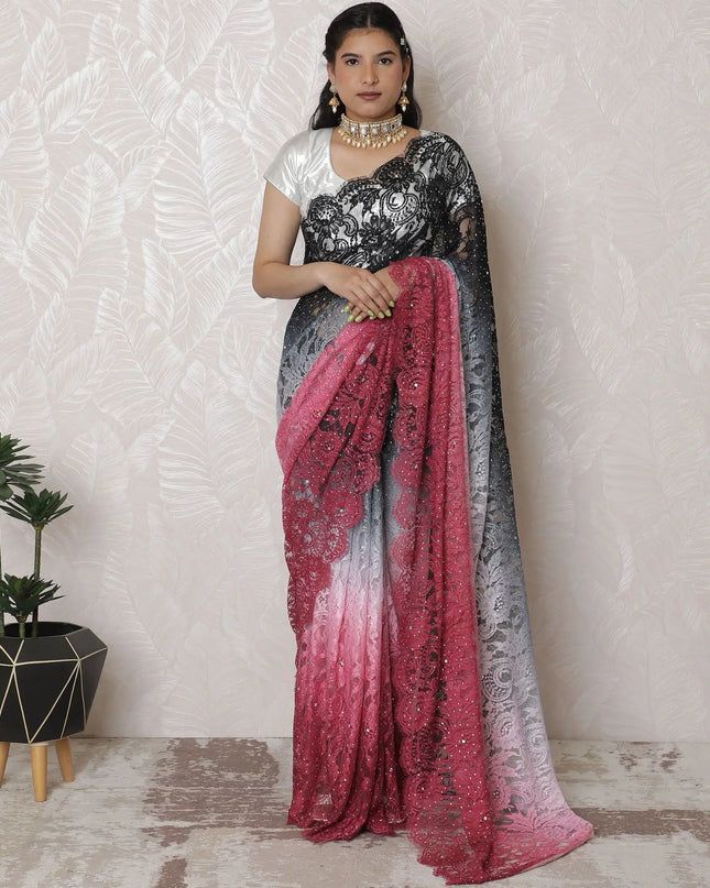 Midnight to Mist Ombre French Lace Saree, 110cm, Sparkling Stone Adornments, 5.5m - Blouse Not Included-D17875 Regal Fabrics