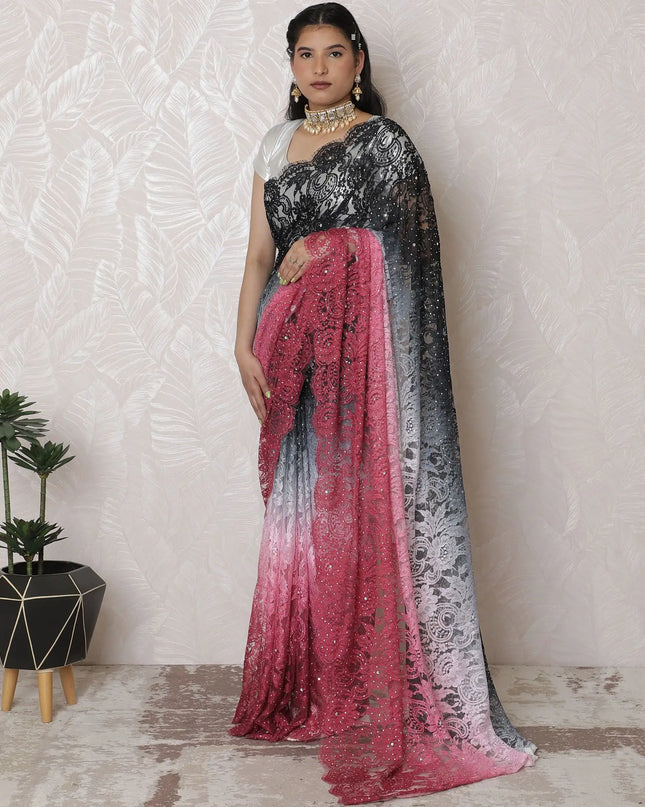 Midnight to Mist Ombre French Lace Saree, 110cm, Sparkling Stone Adornments, 5.5m - Blouse Not Included-D17875 Regal Fabrics