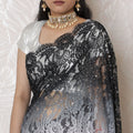 Midnight to Mist Ombre French Lace Saree, 110cm, Sparkling Stone Adornments, 5.5m - Blouse Not Included-D17875