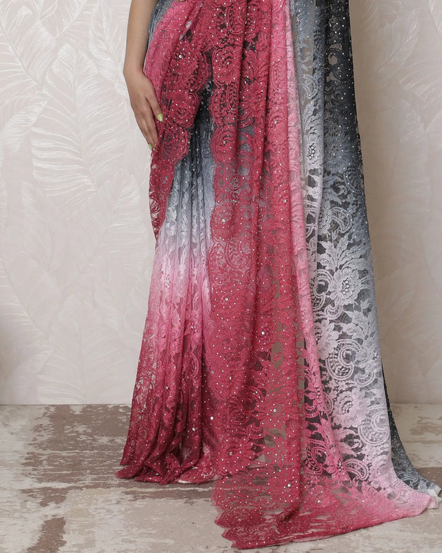 Midnight to Mist Ombre French Lace Saree, 110cm, Sparkling Stone Adornments, 5.5m - Blouse Not Included-D17875 Regal Fabrics