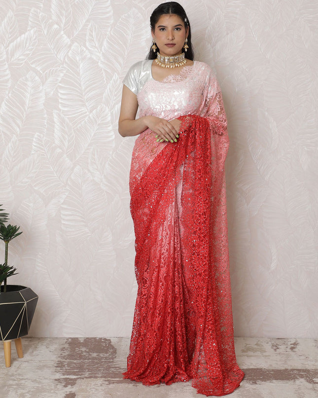 ساري من الدانتيل الفرنسي Coral Sunrise Ombre، 110 سم، عمل حجري كريستالي، 5.5 متر - بلوزة حصرية غير متضمنة-D17876