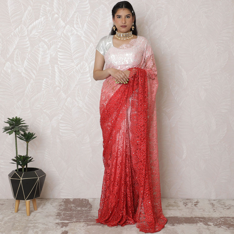 Coral Sunrise Ombre French Lace Saree, 110cm, Crystal Stone Work, 5.5m - Exclusive Blouse Not Included-D17876