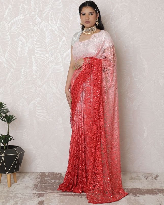 ساري من الدانتيل الفرنسي Coral Sunrise Ombre، 110 سم، عمل حجري كريستالي، 5.5 متر - بلوزة حصرية غير متضمنة-D17876