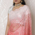 Coral Sunrise Ombre French Lace Saree, 110cm, Crystal Stone Work, 5.5m - Exclusive Blouse Not Included-D17876