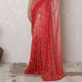 Coral Sunrise Ombre French Lace Saree, 110cm, Crystal Stone Work, 5.5m - Exclusive Blouse Not Included-D17876