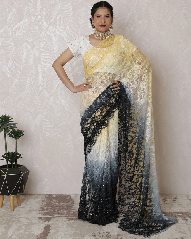 Luxurious Ombre Lace Saree with Exquisite Stone Work, French Vanilla to Buttercream, 110cm Width, 5.5m Length - Blouse Not Included-D17877 Regal Fabrics