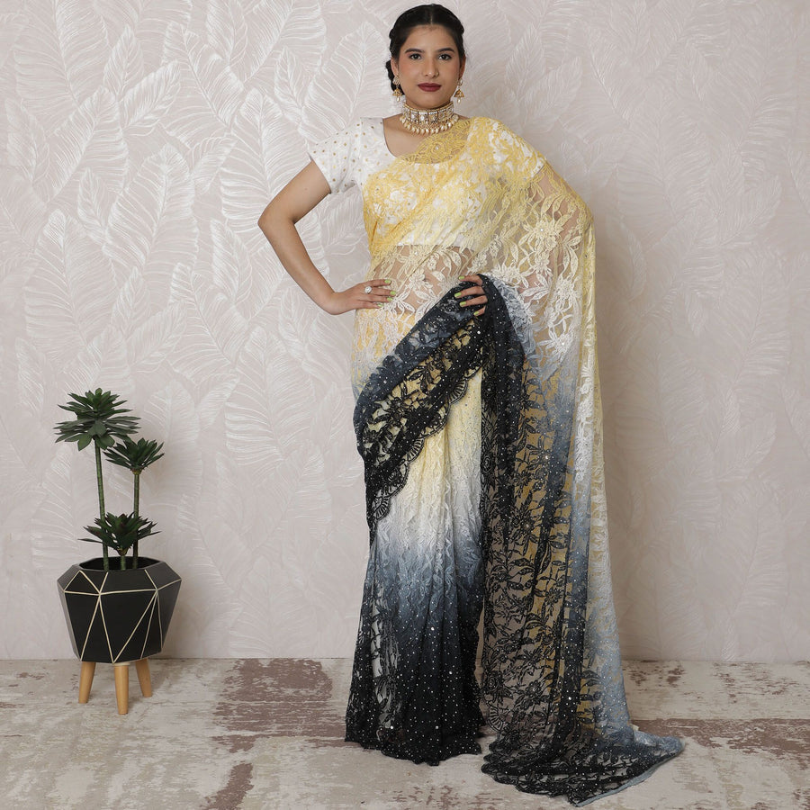 Luxurious Ombre Lace Saree with Exquisite Stone Work, French Vanilla to Buttercream, 110cm Width, 5.5m Length - Blouse Not Included-D17877