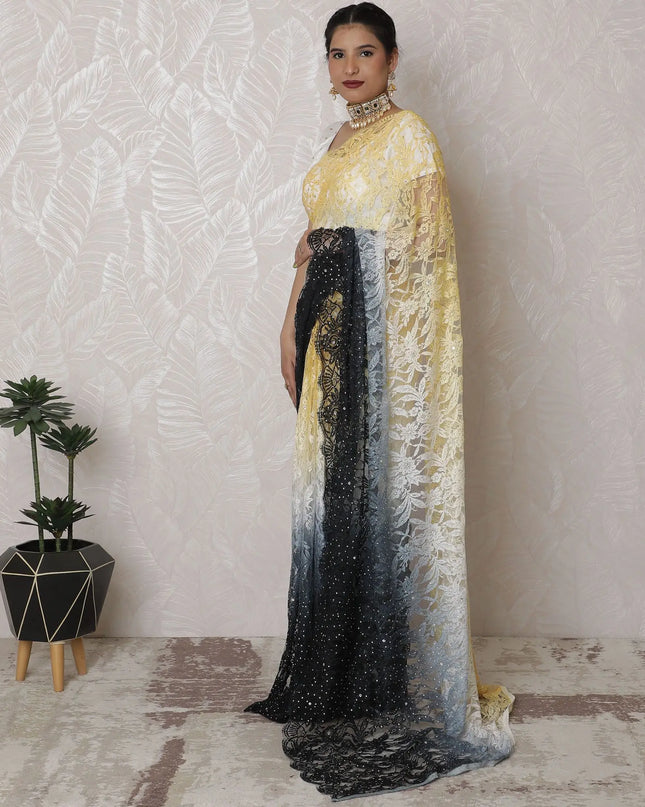 Luxurious Ombre Lace Saree with Exquisite Stone Work, French Vanilla to Buttercream, 110cm Width, 5.5m Length - Blouse Not Included-D17877 Regal Fabrics