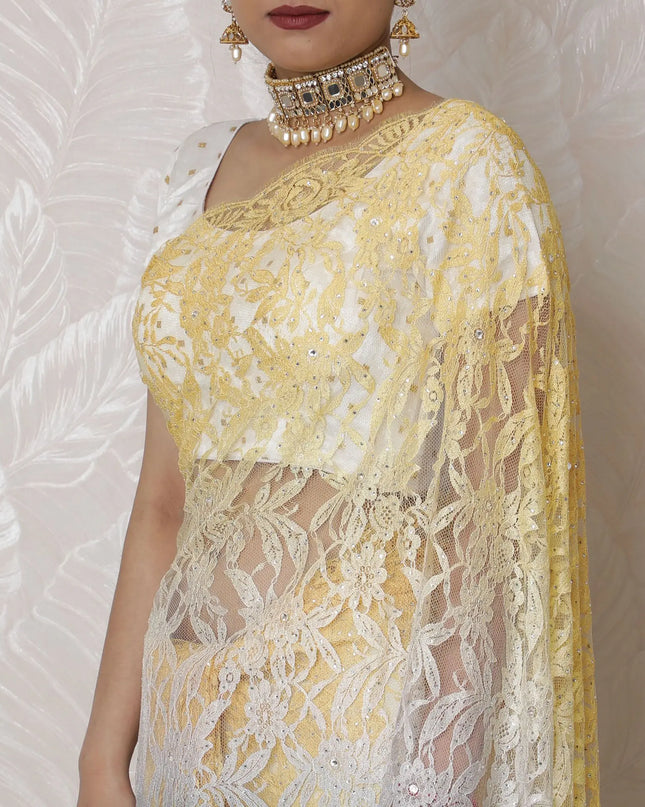 Luxurious Ombre Lace Saree with Exquisite Stone Work, French Vanilla to Buttercream, 110cm Width, 5.5m Length - Blouse Not Included-D17877 Regal Fabrics