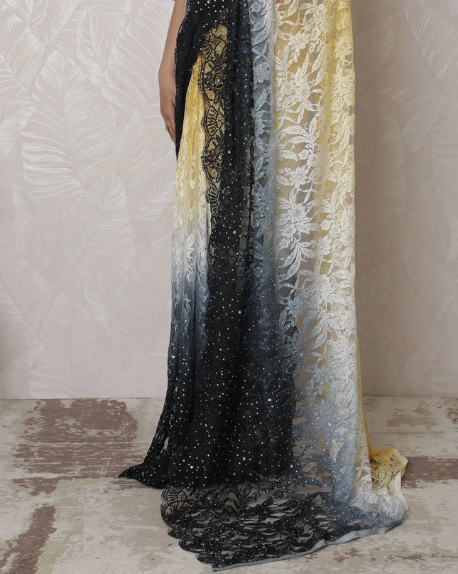 Luxurious Ombre Lace Saree with Exquisite Stone Work, French Vanilla to Buttercream, 110cm Width, 5.5m Length - Blouse Not Included-D17877 Regal Fabrics