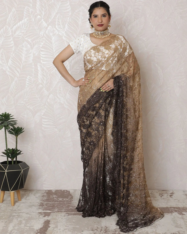 Golden Glamour Ombre Lace Saree, Hand-Applied Stone Embellishments, French Vanilla to Buttercream, 110cm, Luxurious 5.5m - Blouse Not Included-D17879 Regal Fabrics