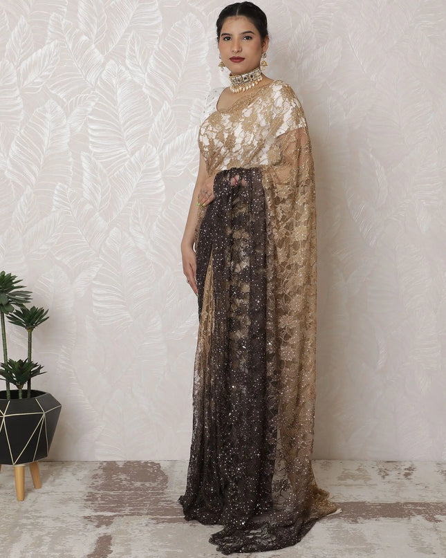 Golden Glamour Ombre Lace Saree, Hand-Applied Stone Embellishments, French Vanilla to Buttercream, 110cm, Luxurious 5.5m - Blouse Not Included-D17879 Regal Fabrics