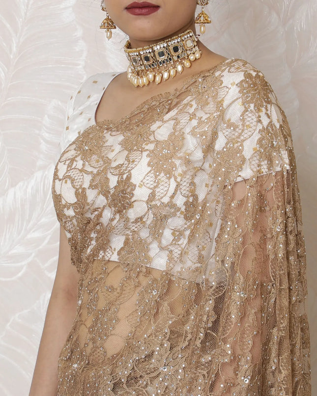 Golden Glamour Ombre Lace Saree, Hand-Applied Stone Embellishments, French Vanilla to Buttercream, 110cm, Luxurious 5.5m - Blouse Not Included-D17879 Regal Fabrics