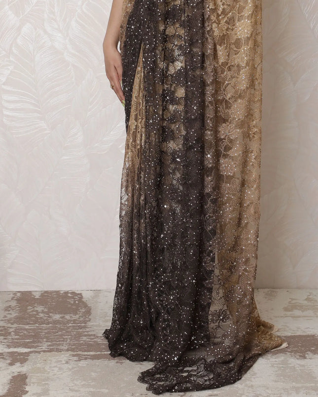 Golden Glamour Ombre Lace Saree, Hand-Applied Stone Embellishments, French Vanilla to Buttercream, 110cm, Luxurious 5.5m - Blouse Not Included-D17879 Regal Fabrics