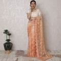 Champagne Elegance Ombre Lace Saree, Delicate Stone Embellishments, Cream to Peach, 110cm Width, 5.5m Length - Blouse Not Included-D17880