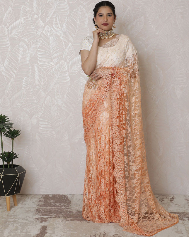 ساري دانتيل متدرج من الأناقة الشامبانيا، زخارف حجرية رقيقة، كريمي إلى خوخي، عرض 110 سم، طول 5.5 متر - البلوزة غير متضمنة-D17880