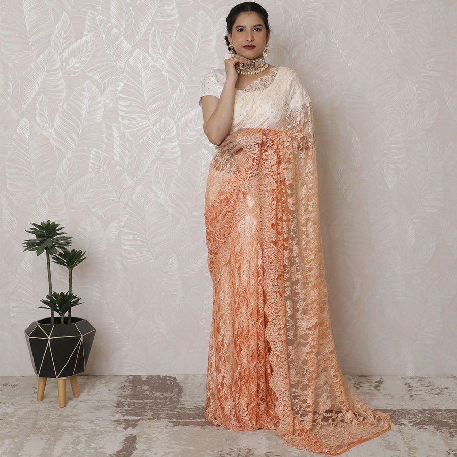 Champagne Elegance Ombre Lace Saree, Delicate Stone Embellishments, Cream to Peach, 110cm Width, 5.5m Length - Blouse Not Included-D17880