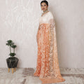 Champagne Elegance Ombre Lace Saree, Delicate Stone Embellishments, Cream to Peach, 110cm Width, 5.5m Length - Blouse Not Included-D17880