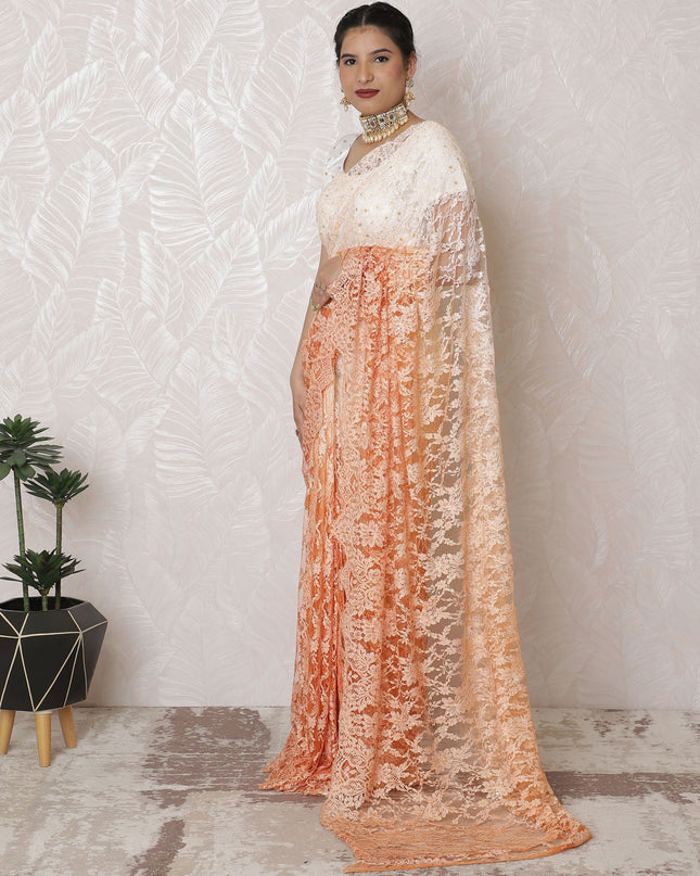 ساري دانتيل متدرج من الأناقة الشامبانيا، زخارف حجرية رقيقة، كريمي إلى خوخي، عرض 110 سم، طول 5.5 متر - البلوزة غير متضمنة-D17880