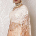 Champagne Elegance Ombre Lace Saree, Delicate Stone Embellishments, Cream to Peach, 110cm Width, 5.5m Length - Blouse Not Included-D17880