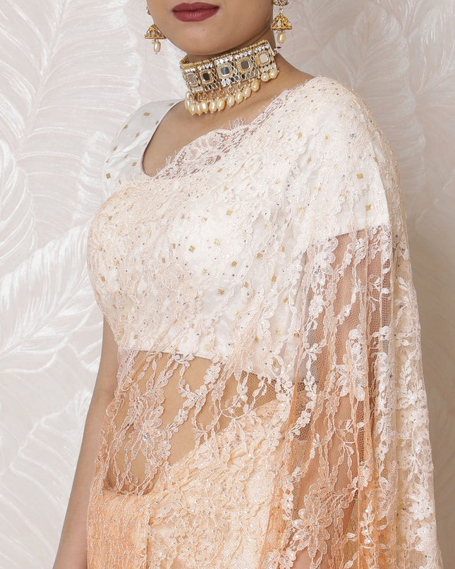 ساري دانتيل متدرج من الأناقة الشامبانيا، زخارف حجرية رقيقة، كريمي إلى خوخي، عرض 110 سم، طول 5.5 متر - البلوزة غير متضمنة-D17880