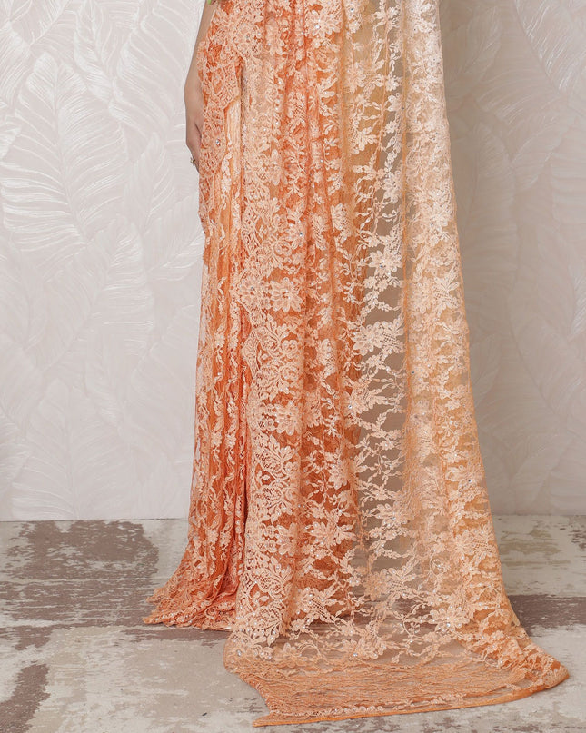 ساري دانتيل متدرج من الأناقة الشامبانيا، زخارف حجرية رقيقة، كريمي إلى خوخي، عرض 110 سم، طول 5.5 متر - البلوزة غير متضمنة-D17880